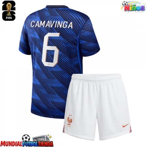 Camiseta Francia Eduardo Camavinga #6 Primera Equipación Replica Mundial 2026 para niños mangas cortas (+ Pantalones cortos)